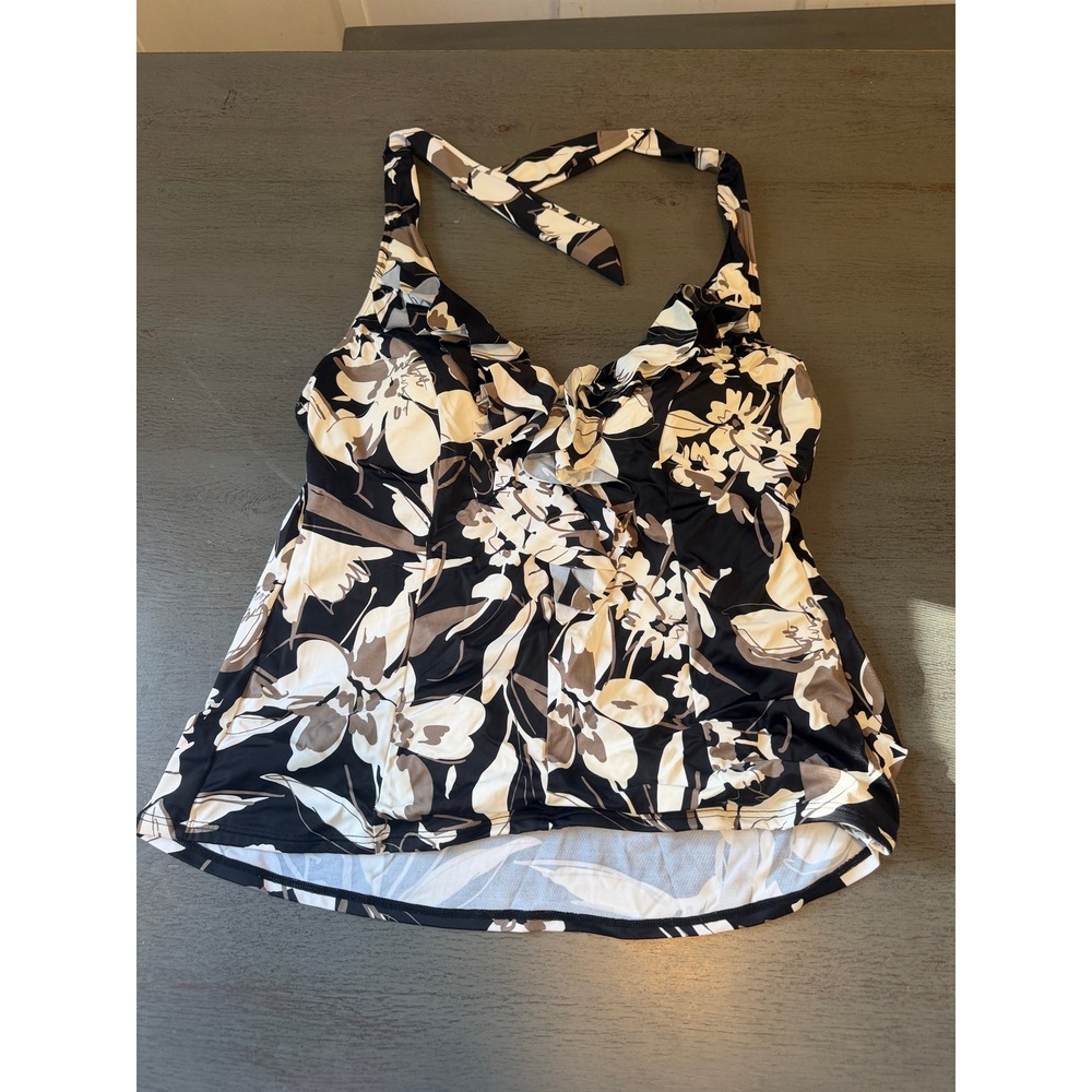 INC International Concepts Floral Halter Tankini Top Black White Taupe Size 16